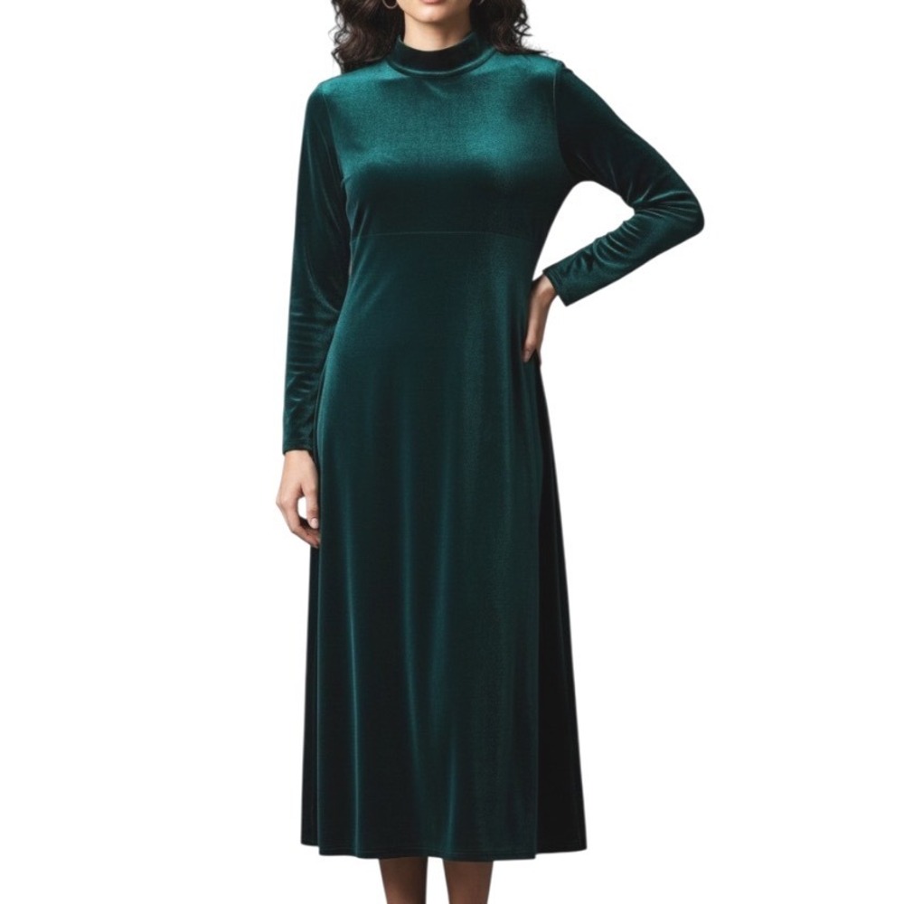 VTG K.C. SPENCER Women's DARK GREEN VELOUR Zip Back MOCK NECK Maxi Dress Sz 10